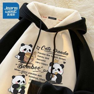 Jeanness Trendy Panda Sweater Heren 2023 Nieuwe Winter Kleurblok Raglanmouwen Lam Fleece Losse Hoedjas