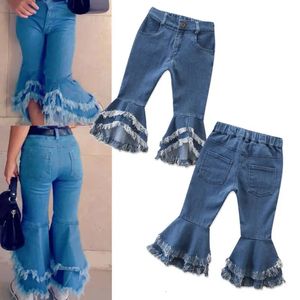 Jeans 2 7Years Fashion Toddler Kids Girls Tassel Flare Longpants Denim Ruffle Pants Boot Cut broek Blacks Autumn Winter 231213
