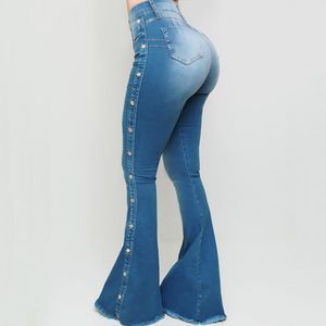 Jeans 2021 Sexy Skinny Side Button Stripe Blue Plus Size Flare Denim Jeans For Women Spring herfstkleding Hoge taille grote kont slank