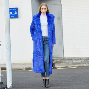 Jeans 2021 Winter Women High Street Long Faux Fur Coat Lady Vintage Slim Red Pink Faux Fur Coats Femal Blue Fake Fur Veste