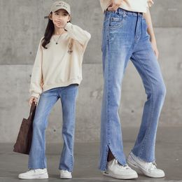 Jeans 2022 automne filles école enfants vêtements évasés taille élastique pantalons pour enfants étudiant en plein air adolescent pantalon