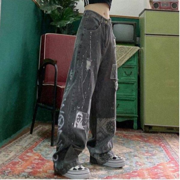 Jeans 2022 Pantalon Baggy Boyfriend en détresse Patineur des années 90 Jean déchiré noir Y2k Streetwear Mode ado Jambes larges Pantalon taille haute