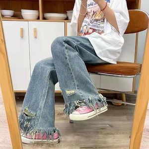 Jeans 2022 Nieuwe High Taille Flare Jeans Spring For Women Plus Size Fashion Wide Leg Stretch Denim Pants Woman Vintage Tassel Jeans Ins