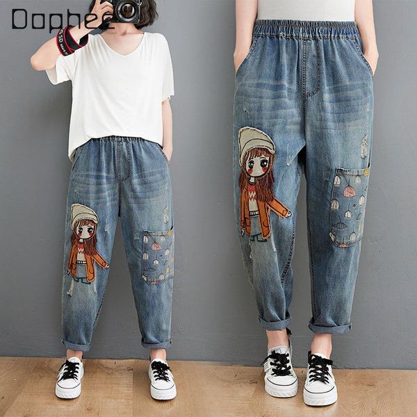 Jeans 2022 printemps et automne nouveau pantalon en Denim avec Patch de dessin animé à la mode pour femmes taille haute sarouel amincissant pantalon court ample