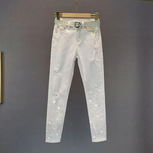 Jeans 2022 printemps été blanc jean pour femmes nouveau européen élastique serré Denim jean chaud strass taille haute crayon pantalon