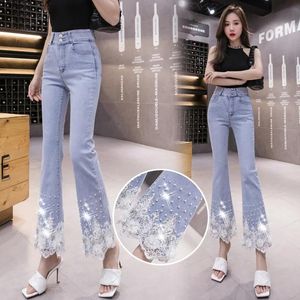 Jeans 2022 été Vintage perles Flare jean pantalon femmes 3D fleur broderie perlée diamant dentelle Flare pantalon maman jean grande taille XXL