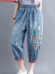 Jeans 2022 FEMMES CALFLENGHTES CASSORALD Ripped Jeans New Simple Eastic Elastic Summer Feme Female Denim Harem Pantal