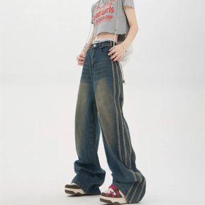 Jeans 2023 Koreaanse y2k modezijde gestreepte vintage blauwe flaggy jeans broek voor vrouwen breed been rechte noodlijdende elegante broek dame