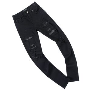 Jeans 2023 Nieuwe heren jeans slanke jeans noodlijdende denim witte designer lederen broek met gaten letters gescheurde knie gescheurd voor man