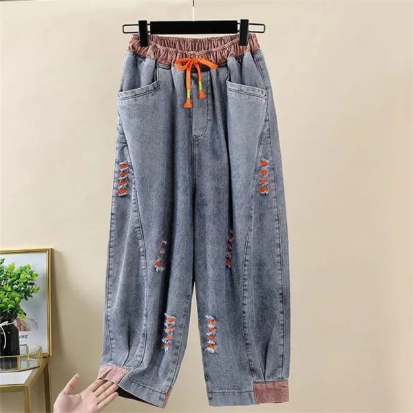 Jeans 2023 été nouveau Style de rue femmes déchiré sarouel ample dames contraste couleur taille élastique jean femme Denim pantalon