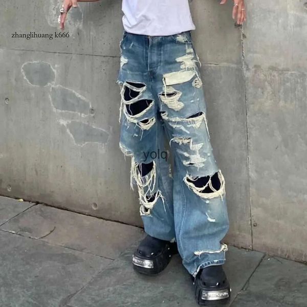 Jeans 2024 Vintage Hombres Gato Barba Cuchillo Corte Agujero Rasgado Recto Casual Baggy Lavado Rasgado Jean Angustiado Pierna Ancha Mendigo Pantalones de Mezclilla Maleyolq