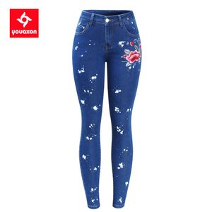 Jeans 2108 Jeans peints à floral Youaxon avec pantalon de pantalon de jean en jean en denim extensible à broderies pour femme jeans skinny