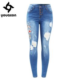 Jeans 2133 Youaxon nouveau bouton mouche vraie broderie déchiré jean femme extensible Denim pantalon slim pantalon pour femmes jean