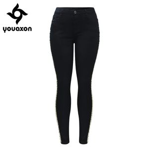 Jeans 2151 Youaxon nouveau arrivé jean noir avec rayure latérale dorée femme extensible Denim slim crayon pantalon pantalon pour les femmes