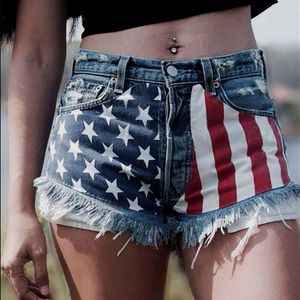 Jeans Damesshorts van denim met kwastjes en sterrenprint met Amerikaanse vlag