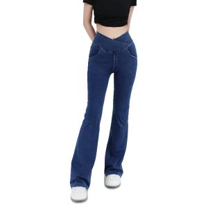 Jeans automne et hiver nouveau jean croix jeans yoga bellbottoms féminins élastiques hanche soulevant un pantalon exercice de poche double