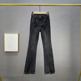 Джинсы, осенние новые женские утягивающие джинсы с высокой талией, женские расклешенные брюки со стразами и бисером, узкие эластичные джинсовые брюки