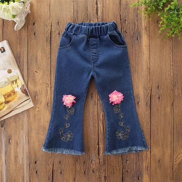 Jeans Bébé filles gland jean 3D fleur broder botte coupe Denim pantalon taille élastique poche enfants printemps automne pantalon cassé Boutique