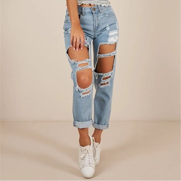 Jeans mendiant le genou grand trou de jean en détresse déchiré pour les femmes hautes taies jeans jeans détruits jeans denim femme pantalon denim brisé