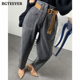 Jeans bgteever 2021 moda com cinto harem calças de brim femininas vintage tornozelo comprimento denim baggy mãe jean solto lavado calças mujer