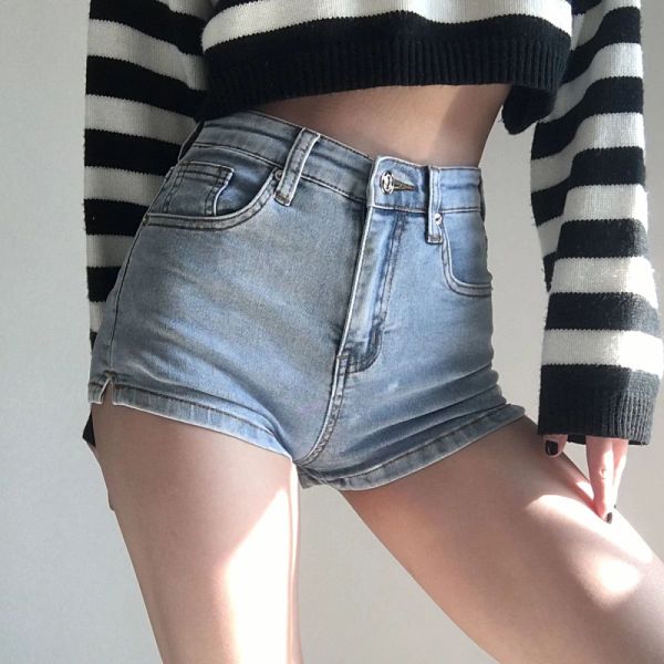 Jean bleu Jean Shorts femmes été taille haute solide chaud Jean court pour dames Sexy élastique fendu rétro Denim Shorts femme