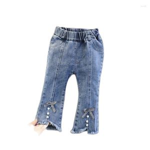 Jeans Blue Toddler Girl Flaarma La Var Laded Fashion Style Burrs Denim Pants Boot Cut Baby Bow Beading Wide Leg Girls Bell Bottoms