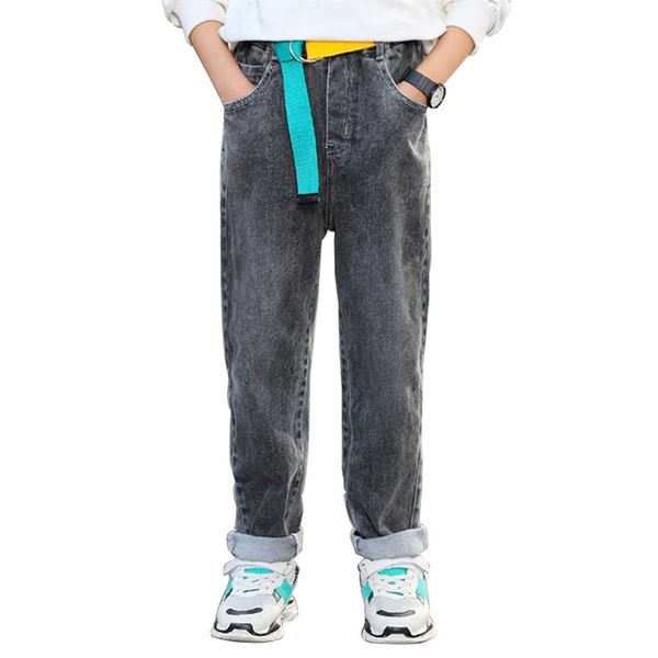 Jeans Boy Solid Straight para niños Cintura elástica con cinturón Primavera Otoño Ropa casual 6 8 10 12 14 210527