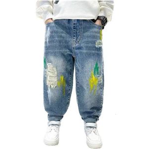 Jeans Jongens jeans lente herfst kinderbroek losse mode schilderij gescheurd gat peuter Koreaanse kinderen casual denim broek 4-13 jaar 230413