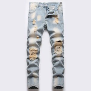 Jeans Boys' Light Blue Retro Straightleg Ripped Children Washed Distressed Stretch Denim Trousers Big Kids Casual Pants 516y 230920