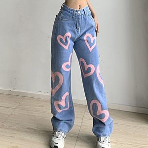 Jean marron Baggy pour fille, pantalon en Denim, taille basse, droit, imprimé cœur, nouvelle esthétique Vintage des années 90, Streetwear