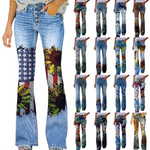 Jeans vlinderafdruk dames bootcut bedroefd wijd uitlopende breedbeen print casual broek bloemenprint faux denim jeans