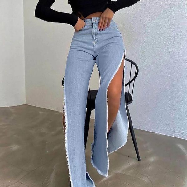 Jeans Pantalons Cargo femmes jean rue Hipster Sexy Double face haute fente Denim pantalons montrant les jambes coréen Streetwear rétro pantalon