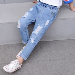 Jeans Casual Boys Jeans Solid Elastic Taille Long Kids Pants Fashion Loose Holes Boys Denim Trous voor 6 8 10 12 jaar kinderen 230324