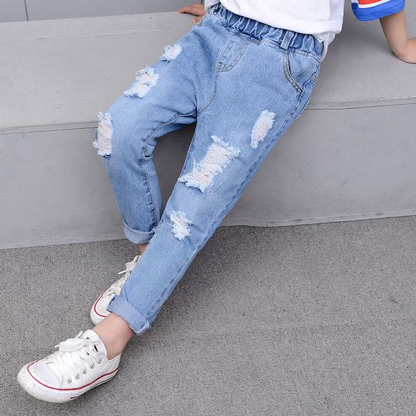 Jeans Casual Garçons Jeans Solide Taille Élastique Longs Pantalons Enfants Mode Trou Lâche Garçons Denim Shorts 6 8 10 12 Ans Enfants 230406