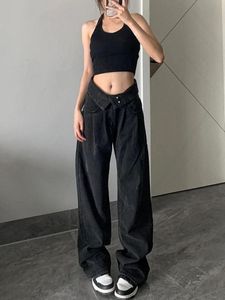 Jeans Casual High Taille Cargo Pants Woman Vintage Black Baggy Denim Broek Slim 2022 Herfst Koreaanse mode Wide Leg Jeans Design