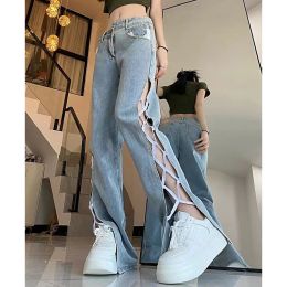 Jeans Casual Split Straight Jeans Women Fashion Hollow Out Bandage Design Trousers Woman Korean Style High Taille Blue Denim Pants 2024