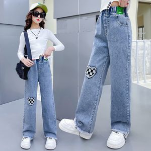 Jeans estilo casual para niña ropa adolescente elástico de cintura alta pantalones de pierna ancha de mezclilla primavera niños grandes pantalones rectos 5 14Y 230609