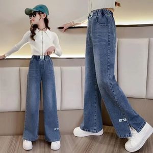Jeans Casual Style Jeans für Mädchen Teenager Kleidung elastische hohe Taille Denim weite Beinhosen Frühling große Kinder gerade Hosen 231019