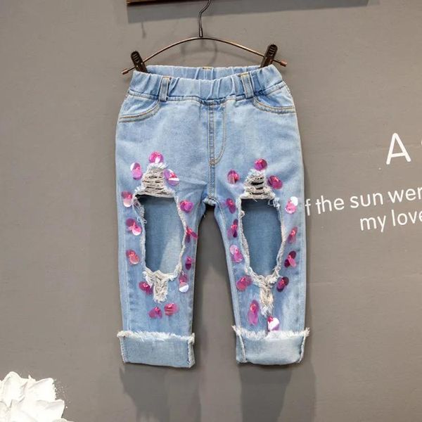 Jeans Pas Cher Mode Été sequin Denim Enfants Jeans grand trou Filles Jeans Nouvelle Vente Jeans enfants pantalons pantalons Fille Vêtements Enfants Clothin