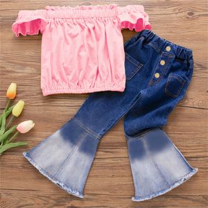 Jeans Kinderen dragen Girl Gradient bell bodems denim jeans hoge taille splicing crop top en rok ingesteld voor tieners meisje outfits tieners 230223