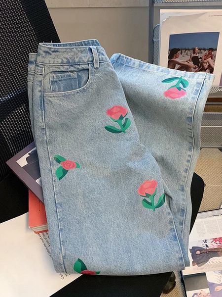 Jeans Circyy Women Jeans Pantalones rectos Rose Rose Blue Washed Do Old Denim High Wisting Legal Pockets Vintage de otoño Invierno