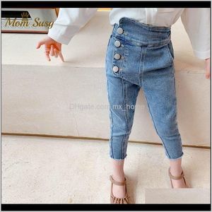 Jeans kleding baby, kinderen moederschap drop levering 2021 mode meisje Jean broek katoen hoge taille baby peuter kinderen knop denim trous