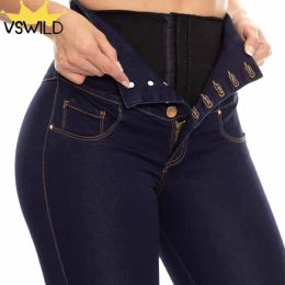 Jeans Jean colombien taille haute avec ceinture interne, jean en cuir taille haute, grandes fesses avec fermeture éclair, contrôle d'accès