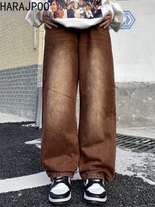 Jeans de Couple Harpoo marron délavé, ample, style Hip Hop, jambes larges, Haruku, taille haute, printemps 2022