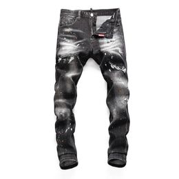 Jeans D2 2023 hommes printemps et automne personnalisé élastique lavage à l'eau jet d'encre serré boîte de nuit mode trou de déchirure pantalons Sutras