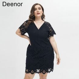 Jeans Deenor Plus Robe en dentelle noire de taille pour femmes 2021 Summer Vneck Wrap Hip Jupe élégante Robes Casual Female Vêtements