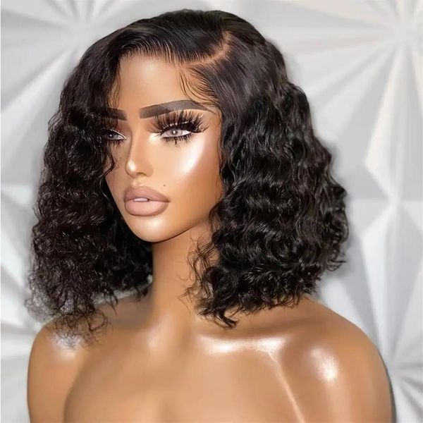 Jeans Deep Curly Side Part Lace Wig Court Bob Frontal Perruques de cheveux humains Kinky Curly Brésilien Remy Preplumed 4x4 Closure 180 Densité