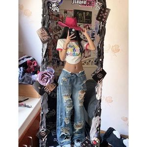 Jeans Deeptown Y2K Baggy Ripped Jeans Femmes Low Rise Gyaru Pantalons de jean large Daddies Streetwear GRUNGIE HIPPIE CORÉANT LA MODE PTANTER