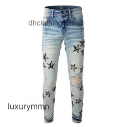 Jeans Designer Amirrss Hommes Jeans lavés bleus à la mode Slim Fit Leggings recouverts d'étoiles brodées pantalons pour hommes G8JW