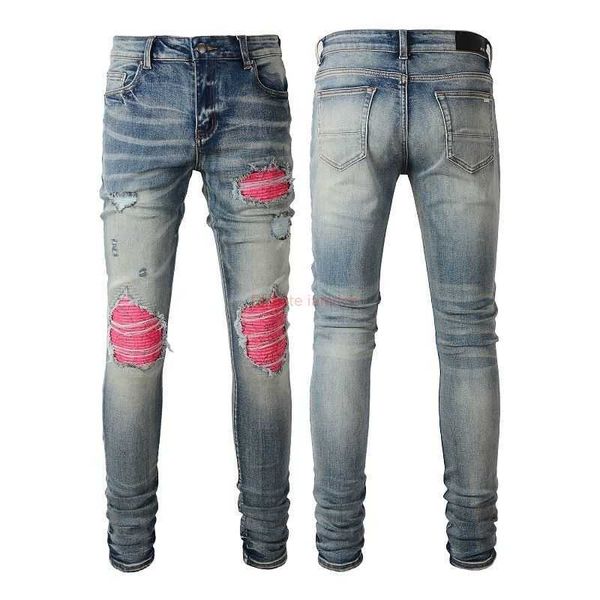 Jeans Designer Vêtements Amires Jeans Denim Pantalons Amies À La Mode Hommes Bleu Clair Couleur Correspondant Dazzling Couleur Trou Patch Rose Rouge Pat